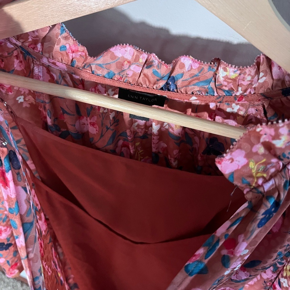 Ann Taylor Pink and Black Floral Midi Dress with Removable Slip – Size Large‎ - Picture 2 of 10